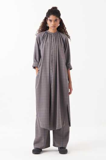 Three Checkered Print Gathered Neck Tunic 