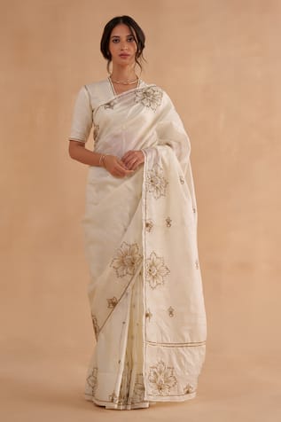 Vintage Floral Embroidered Saree With Blouse 
