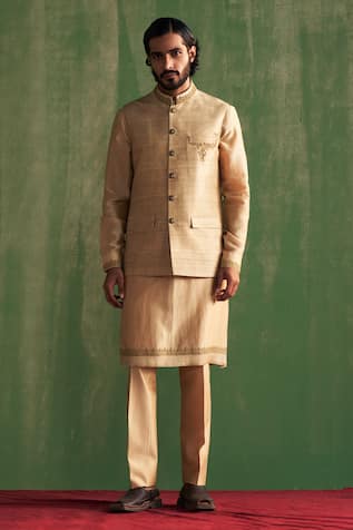 Beige Dori Placement Embroidered Bundi Set 