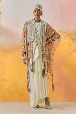 Aseem Kapoor Veni Chevron Print Jacket & Draped Skirt Set 