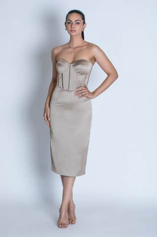 ORU PRET Solid Corset Midi Dress 