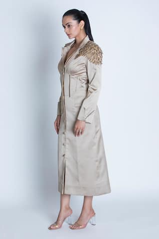 ORU PRET 3D Leaf Embroidered Shoulder Trench Coat Dress 