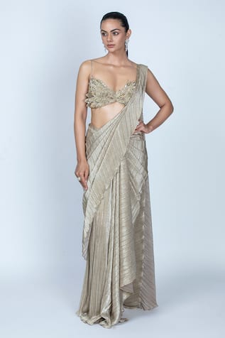 ORU PRET Shimmer Pre-Draped Saree With Blouse 