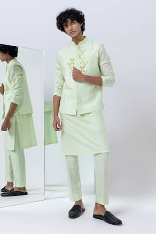 Kaha Geometric Applique Embroidered Nehru Jacket & Pant Set 