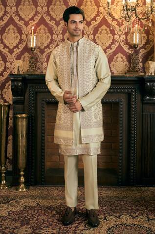 TAJIRI Mirage Aari Embroidered Long Bundi & Kurta Set 