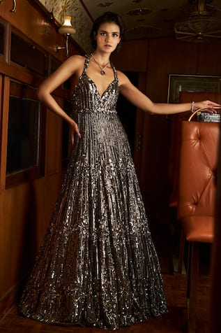 Seema Gujral Tonal Metallic Sequin Embroidered Gown 