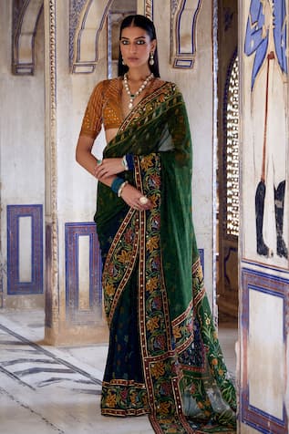 Kalista Aarna Mughal Bloom Print & Embroidered Saree With Blouse 