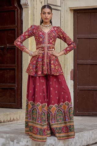 Kalista Amber Floral Print Peplum Kurta With Sharara 