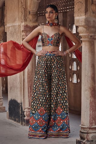 Kalista Saima Floral Print Tie Up Corset & Sharara Set 