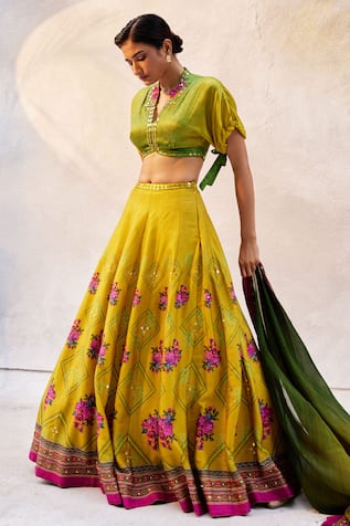 Basil Leaf Floral Pattern Embroidered Lehenga Set 