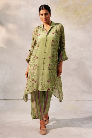 Basil Leaf Floral Pattern Asymmetric Tunic Set 