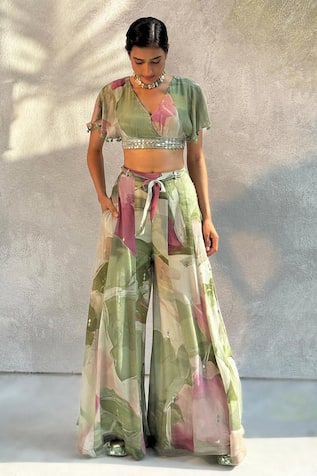 Basil Leaf Embroidered Crop Top & Flared Pant Set 