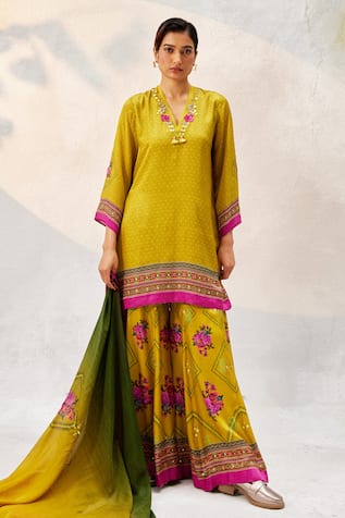 Basil Leaf Embroidered Neckline Kurta Sharara Set 