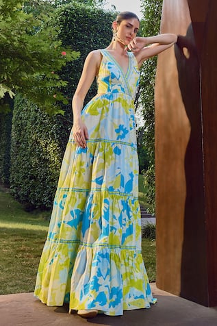 Mandira Wirk Resort Iris Print Tiered Maxi Dress 