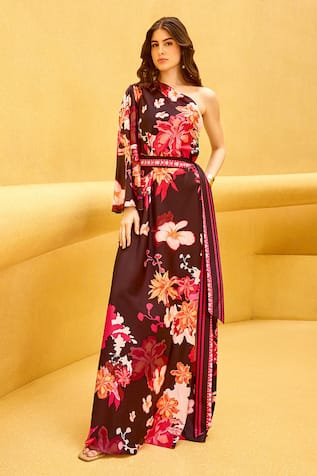 Mandira Wirk One Shoulder Printed Kaftan With Belt 