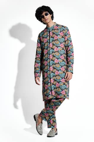 Mr. Ajay Kumar Lotus Bloom Print Kurta With Pant 