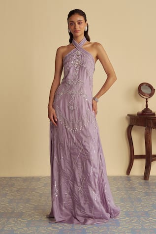 Jade By Ashima Aurelia Damask Bloom Embroidered Halter Neck Gown 