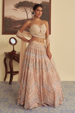 Jade By Ashima Evelina Chevron Aari & Pearl Embroidered Lehenga Set 