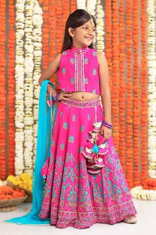 Free Sparrow Floral Print Mandarin Collared Lehenga & Top Set 