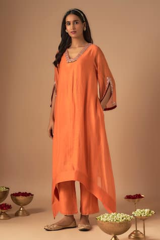 Cupid Cotton Noor Resham Embroidered Asymmetric Kurta With Pant 