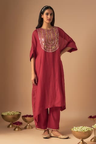 Cupid Cotton Aaina Resham Embroidered Asymmetric Kurta With Pant 