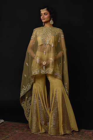 Reeti Arneja Ambrosia Embroidered Asymmetric Cape & Godet Sharara Set 