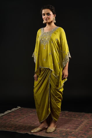 Reeti Arneja Khadra Metallic Embroidered Short Kaftan Kurti With Draped Dhoti Skirt 