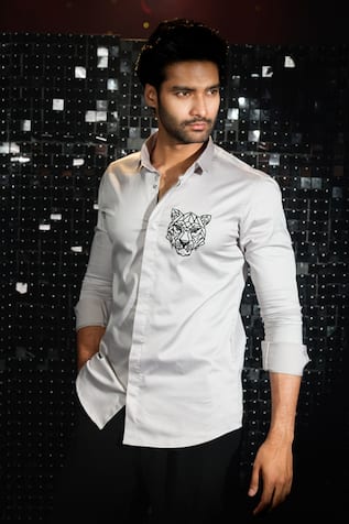 Sanjana Reddy Designs Cutdana Tiger Embroidered Shirt 