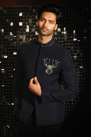 Sanjana Reddy Designs 3D Reindeer Cutdana Embroidered Bandhgala With Trouser 