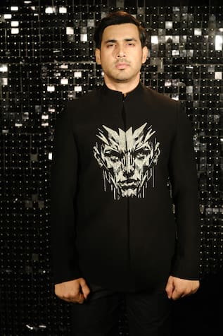 Sanjana Reddy Designs 3D Human Face Embroidered Bandhgala With Trouser 