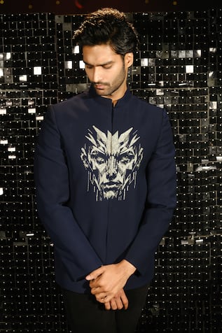 Sanjana Reddy Designs 3D Human Face Cutdana Embroidered Bandhgala With Trouser 