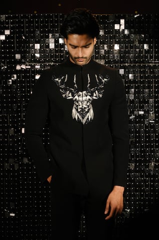 Sanjana Reddy Designs 3D Mighty Reindeer Embroidered Bandhgala With Trouser 