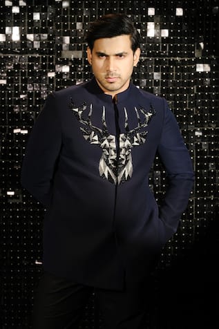 Sanjana Reddy Designs 3D Reindeer Gaze Embroidered Bandhgala With Trouser 