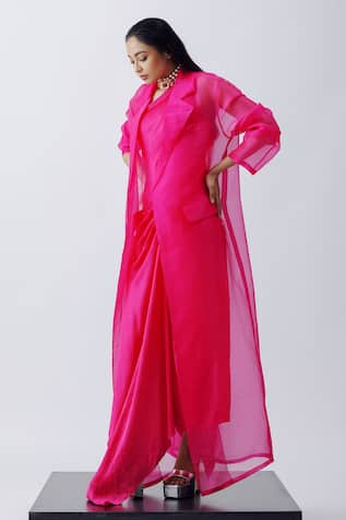 Richa Khemka Cherry Blossom Asymmetric Dress With Trench Coat 