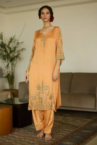 Sarang Kaur Sequin Embroidered Orange Kurta & Pant Set 