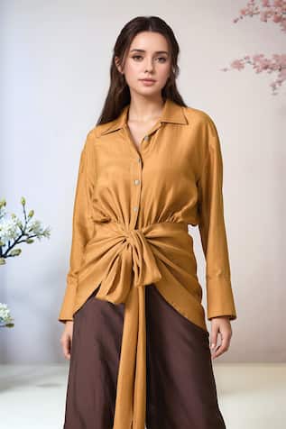 Brown Asymmetric Draped Shirt 