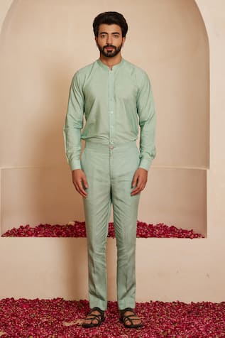 Cyan Blue Solid Shirt Style Kurta Set 