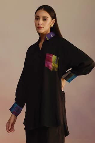 Roza Geometric Print Black Collared Shirt 