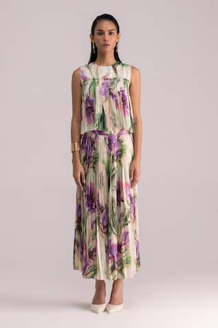 TheRealB Botanical Print Pleated Top & Skirt Set 