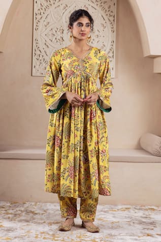 Floral Print Velvet Anarkali & Pant Set 