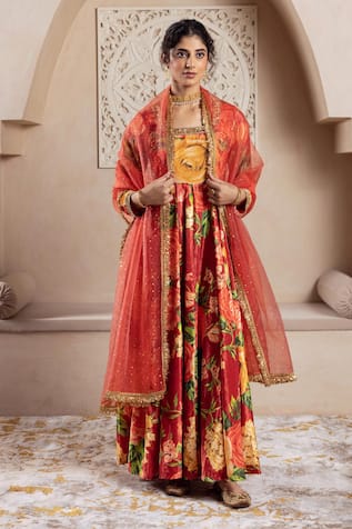 Botanical Print Velvet Anarkali Set 