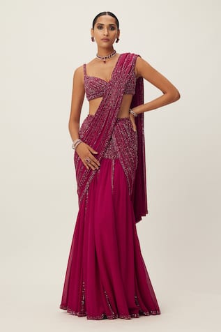 Vvani by Vani Vats Crystal Embellished Pre-Draped Saree With Blouse 