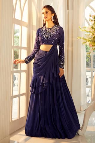 Aariyana Couture Pleated Lehenga With Embroidered Draped Blouse 