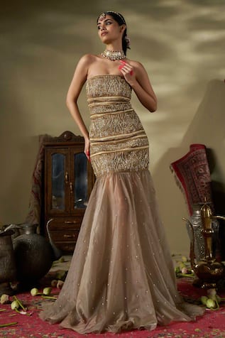 17:17 By Simmi Saboo Gold Floral Bead Embellished Gown 