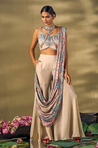 17:17 by Simmi Saboo Floral Printed Attached Drape Sharar Saree With Blouse 