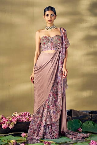 17:17 by Simmi Saboo Floral Print Ruffle Pre-Draped Saree With Corset 