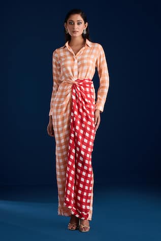 Peach & Red Checkered Maxi Dress 