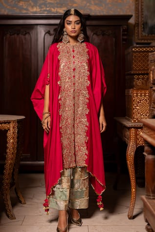 Pooja-Keyur Surbahar Aari Embroidered Cowl Kaftan With Palazzo 