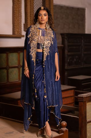 Pooja-Keyur Jaltaranga Ambrosia Aari Embroidered Cape & Draped Pickup Dhoti Skirt Set 