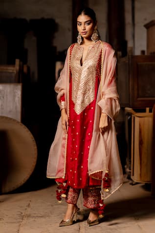 Pooja-Keyur Rukmini Silk Aari Embroidered Anarkali & Palazzo Set 